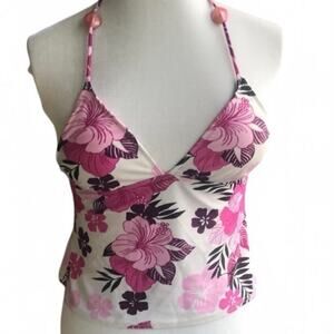 Y2k pink hibiscus floral halter swim top